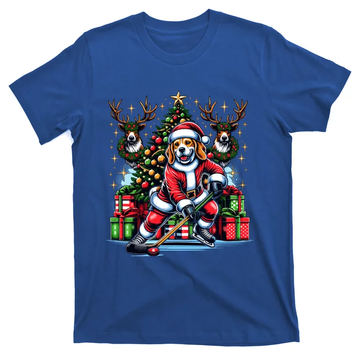 Santa Beagle Energetically Playing Hockey Funny Gift T-Shirt