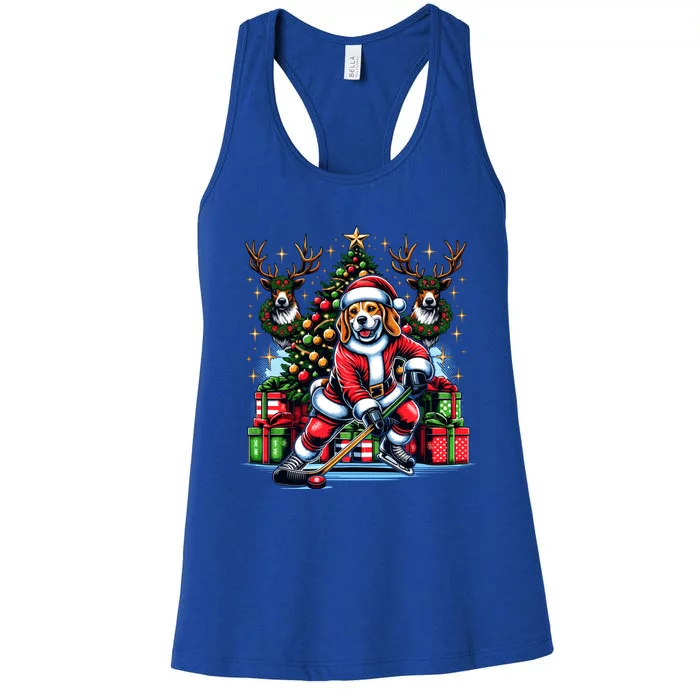 Santa Beagle Energetically Playing Hockey Funny Gift Women's Racerback Tank