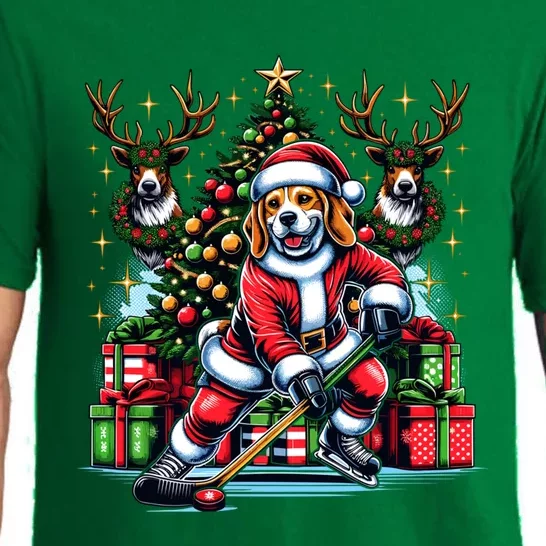 Santa Beagle Energetically Playing Hockey Funny Gift Pajama Set