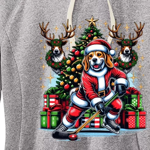 Santa Beagle Energetically Playing Hockey Funny Gift Women's Fleece Hoodie