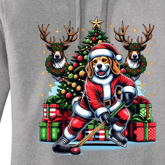 Santa Beagle Energetically Playing Hockey Funny Gift Women's Pullover Hoodie