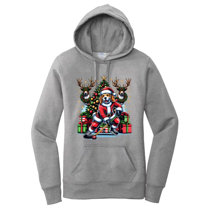 Santa Beagle Energetically Playing Hockey Funny Gift Women's Pullover Hoodie