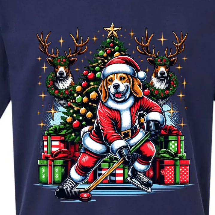 Santa Beagle Energetically Playing Hockey Funny Gift Sueded Cloud Jersey T-Shirt