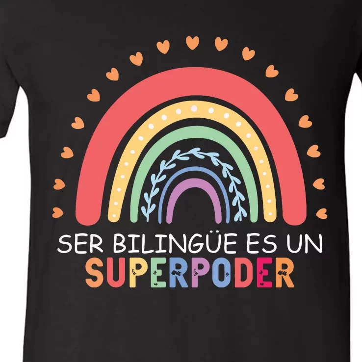 Ser Bilingue Es Un Superpoder Spanish Teacher Back To School V-Neck T-Shirt