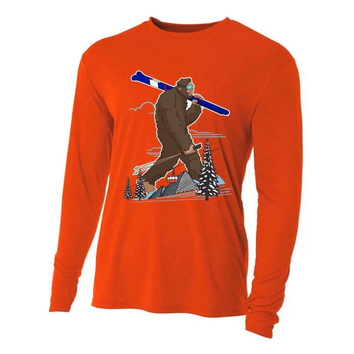 Skiing Bigfoot Funny Sasquatch Ski For Winter Skiers Gift Cooling Performance Long Sleeve Crew