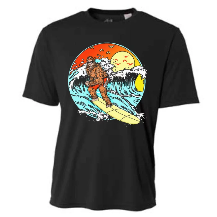 Surfing Bigfoot Funny Beach Sasquatch Surfer Waves Retro 80s Cooling Performance Crew T-Shirt