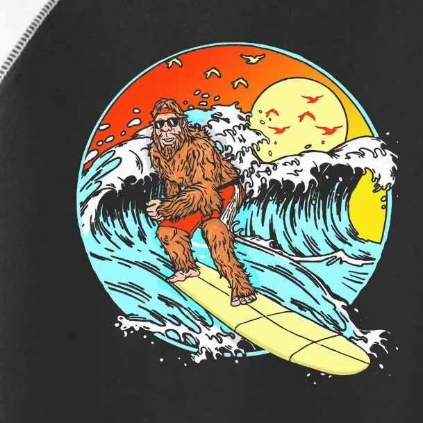 Surfing Bigfoot Funny Beach Sasquatch Surfer Waves Retro 80s Toddler Fine Jersey T-Shirt