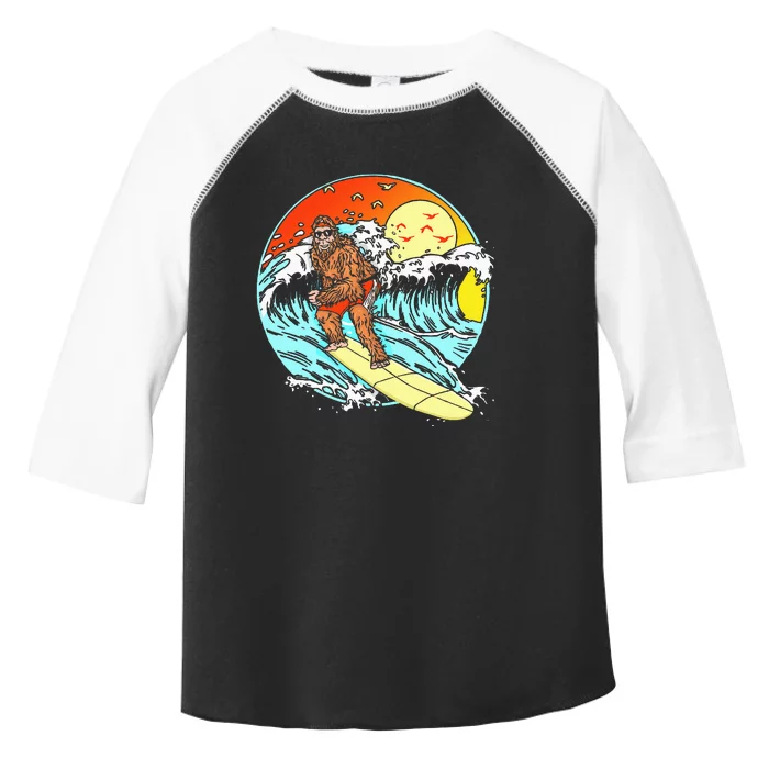 Surfing Bigfoot Funny Beach Sasquatch Surfer Waves Retro 80s Toddler Fine Jersey T-Shirt