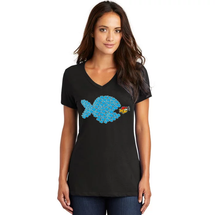 School Blue Fishes About To Get Orange Fish In Red Maga Cap Women's V-Neck T-Shirt