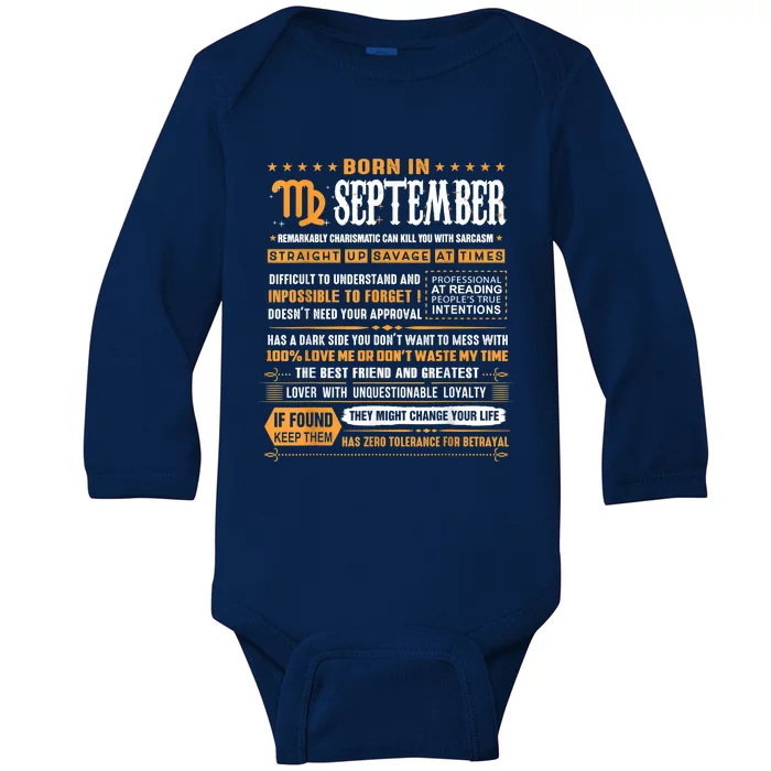 September Birthday Funny Gift Born In September Virgo Cool Gift Baby Long Sleeve Bodysuit