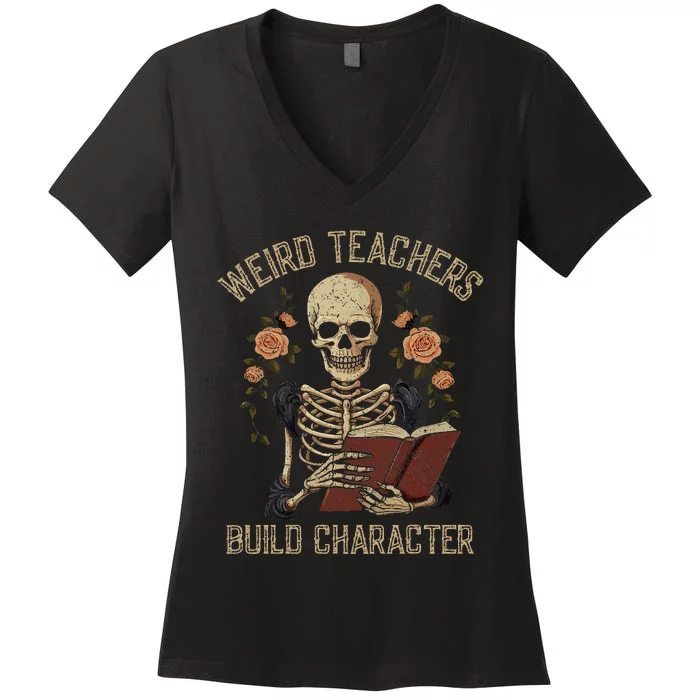 Skeleton Book Floral Skull Halloween Teacher Women's V-Neck T-Shirt