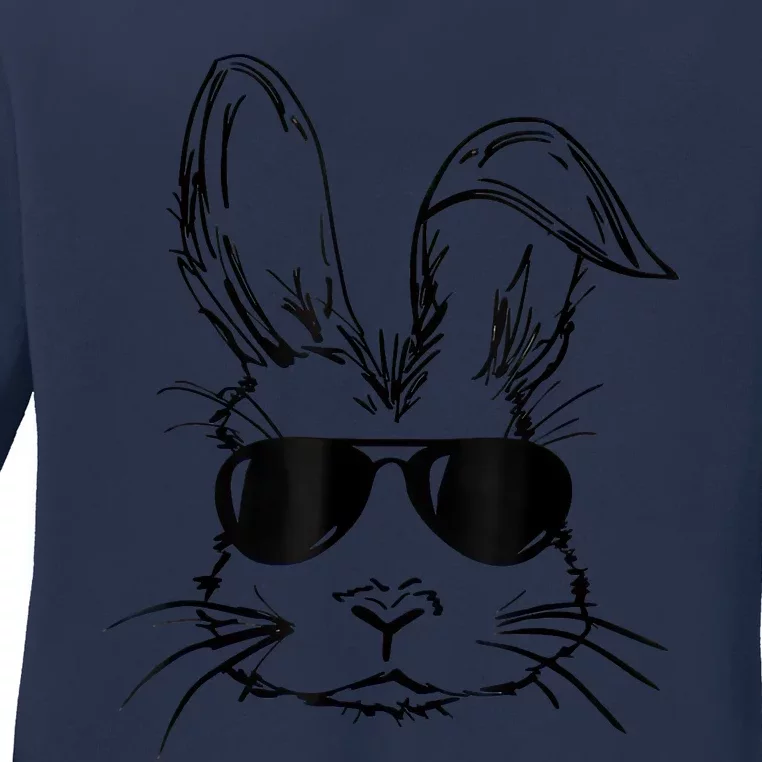 Sunglass Bunny Face Black Happy Easter Day Ladies Long Sleeve Shirt