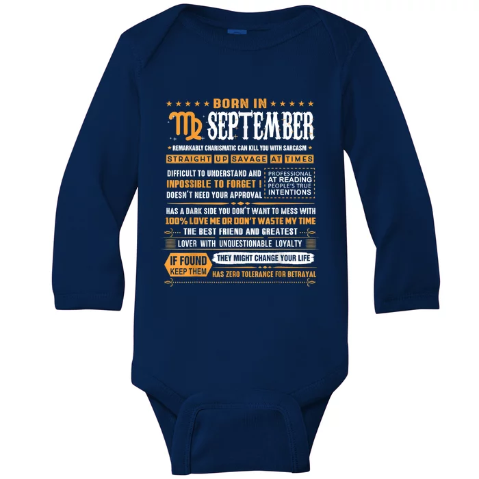 September Birthday Funny Gift Born In September Virgo Great Gift Baby Long Sleeve Bodysuit