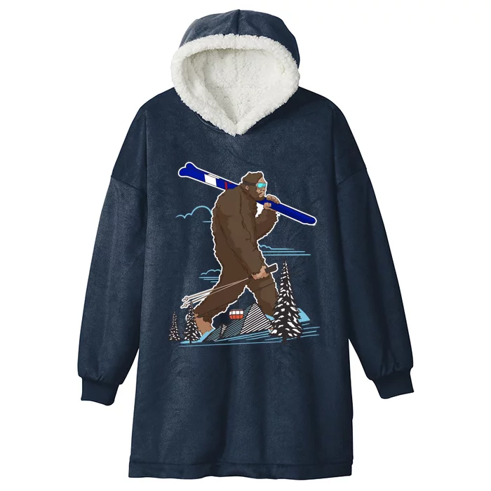 Skiing Bigfoot Funny Sasquatch Ski For Winter Skiers Funny Gift Hooded Wearable Blanket