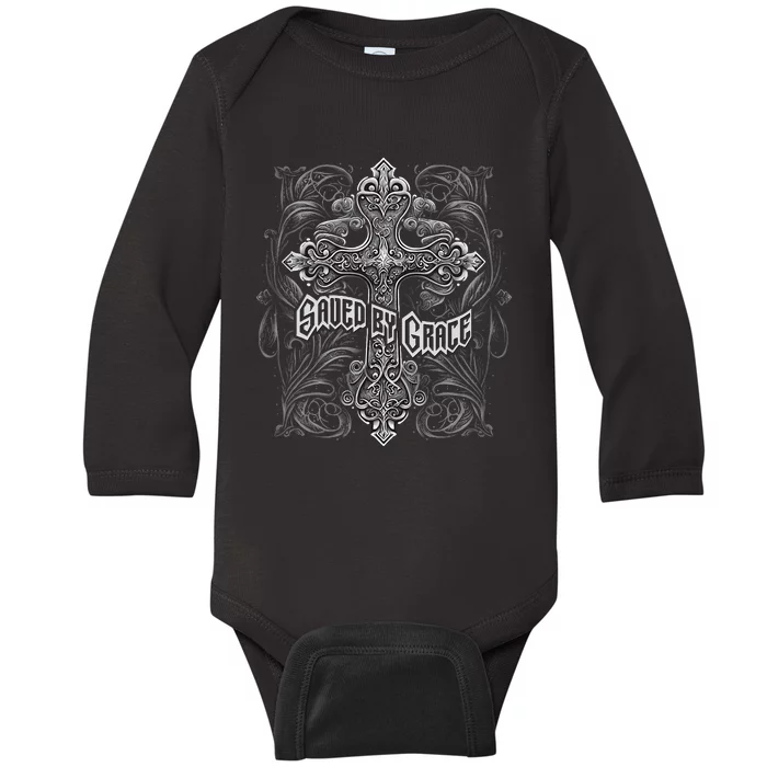 Saved By Grace Christian Graphic Design Gothic Cross Baby Long Sleeve Bodysuit