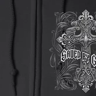 Saved By Grace Christian Graphic Design Gothic Cross Full Zip Hoodie