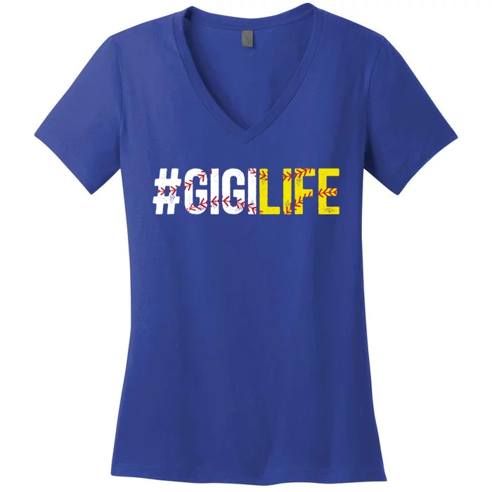 Softball Baseball Gigi Life Baseball Softball Gigi Grandma Funny Gift Women's V-Neck T-Shirt