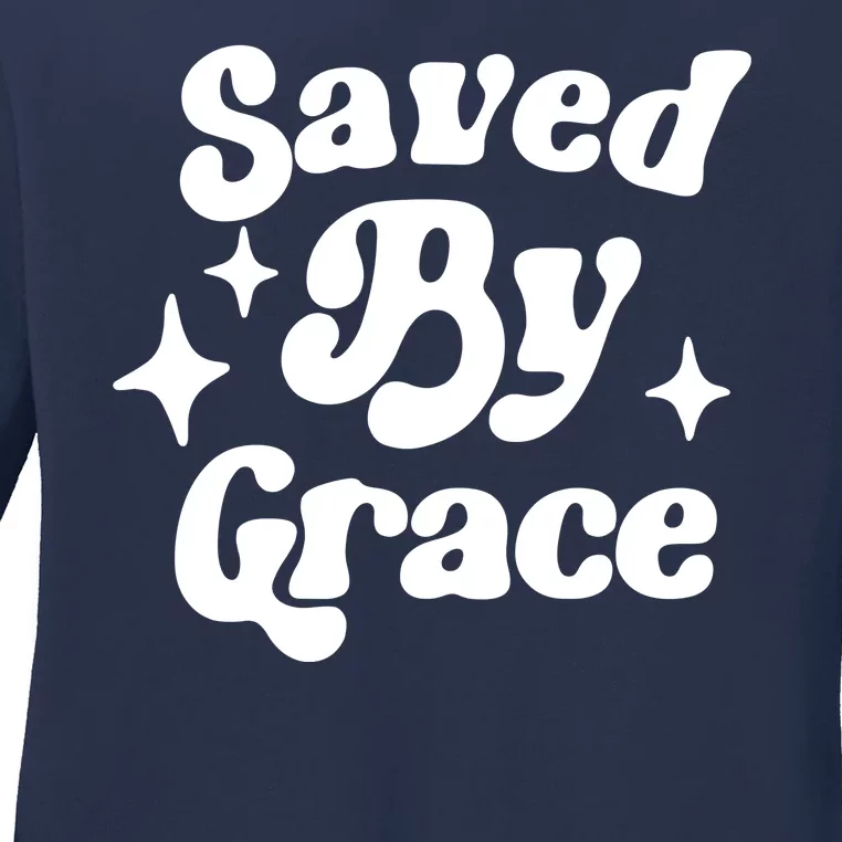 Saved By Grace Motivational Christian Retro Ladies Long Sleeve Shirt