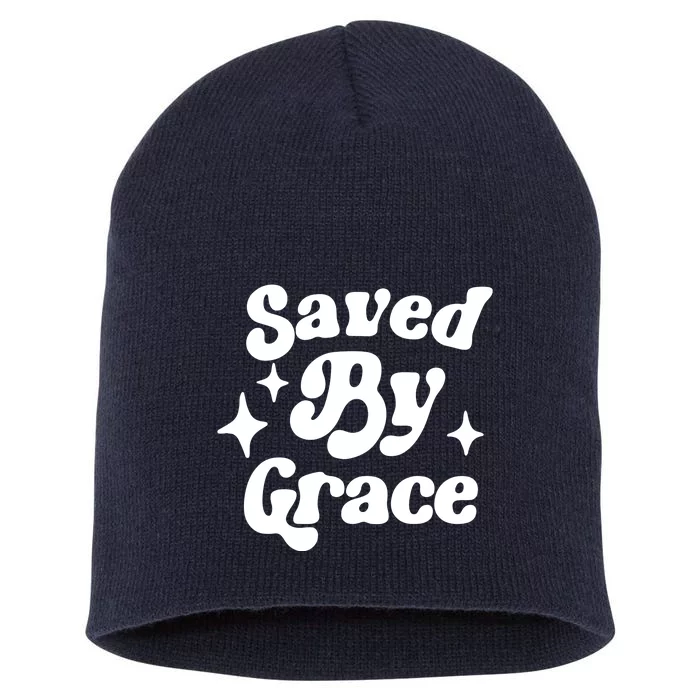 Saved By Grace Motivational Christian Retro Short Acrylic Beanie