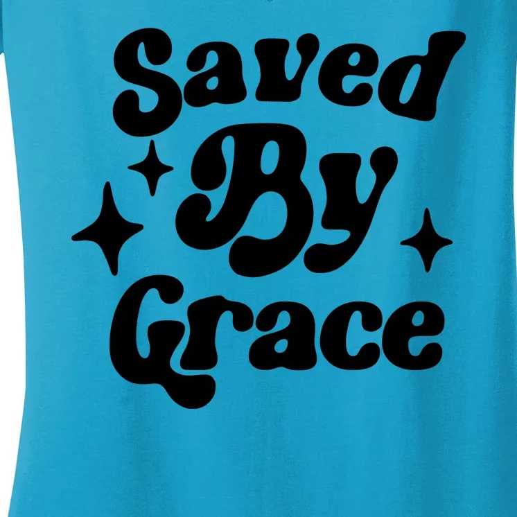 Saved By Grace Motivational Christian Retro Women's V-Neck T-Shirt