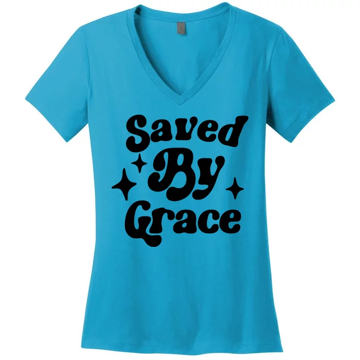 Saved By Grace Motivational Christian Retro Women's V-Neck T-Shirt