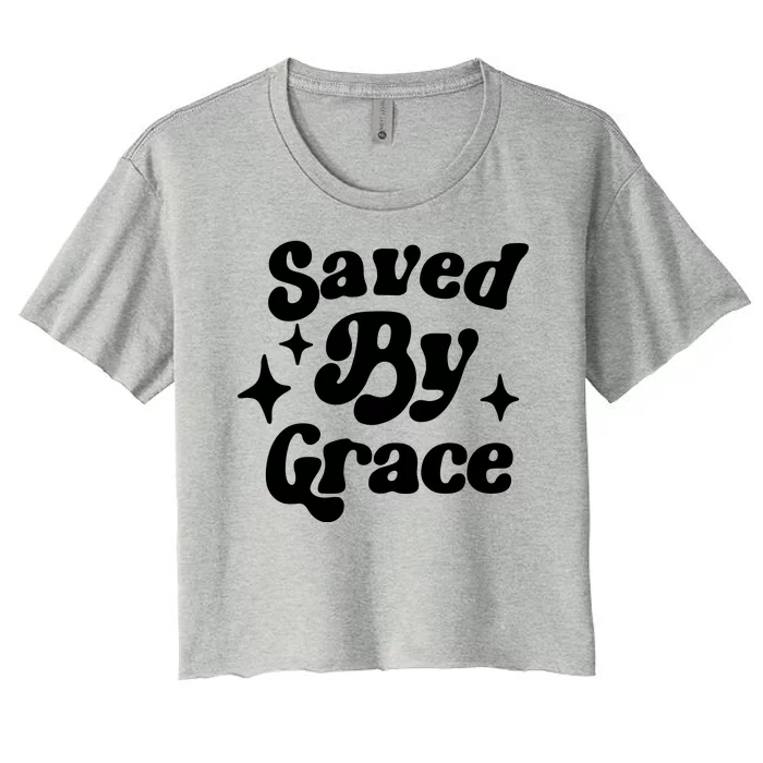 Saved By Grace Motivational Christian Retro Women's Crop Top Tee