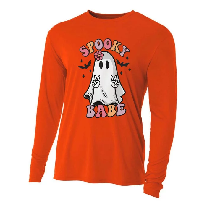 Spooky Babe Groovy Vibes Ghost Halloween Pumpkin Gift Cooling Performance Long Sleeve Crew