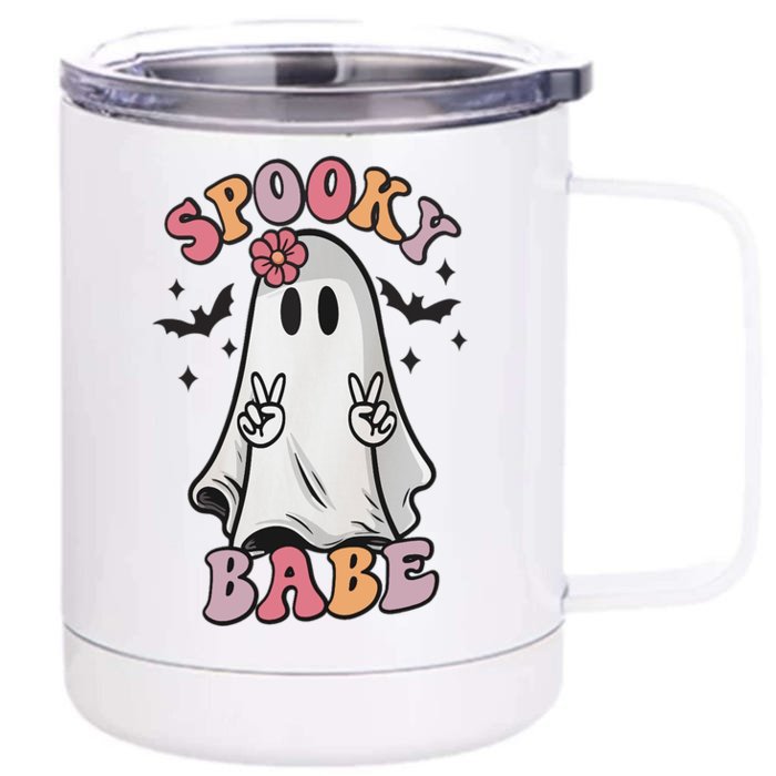 Spooky Babe Groovy Vibes Ghost Halloween Pumpkin Gift Front & Back 12oz Stainless Steel Tumbler Cup