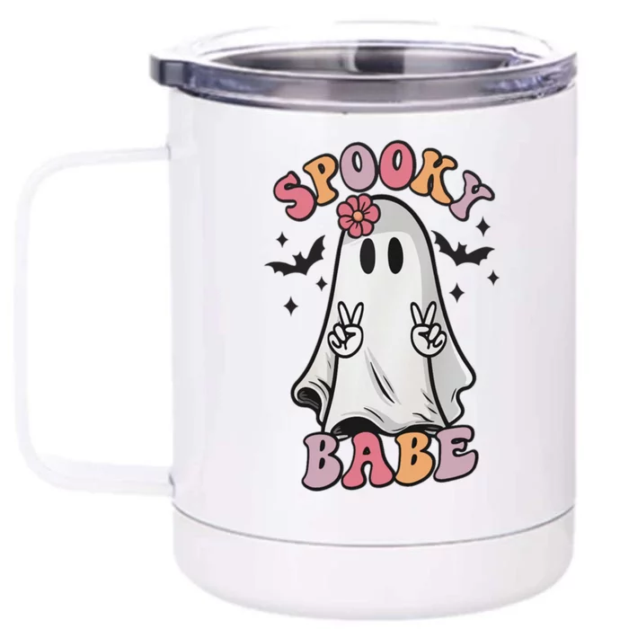 Spooky Babe Groovy Vibes Ghost Halloween Pumpkin Gift Front & Back 12oz Stainless Steel Tumbler Cup