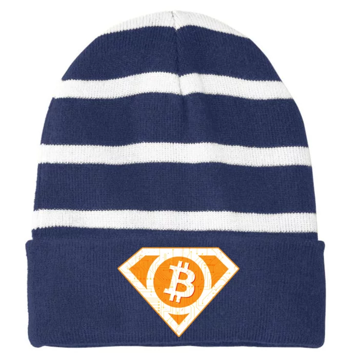 Super Bitcoin Hero Logo Striped Beanie with Solid Band