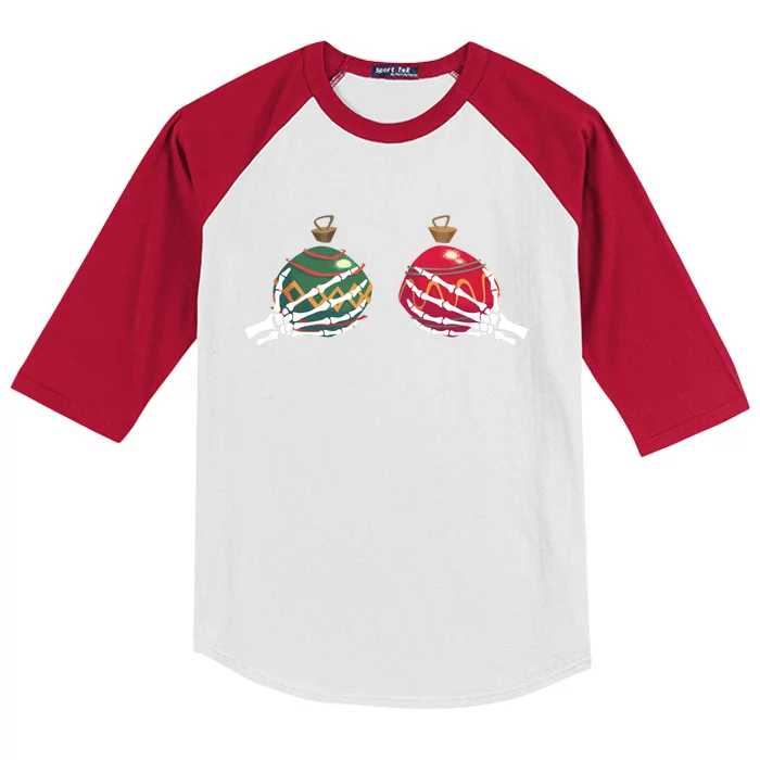 Skeleton Boob Hands Funny Christmas Xmas Matching Kids Colorblock Raglan Jersey