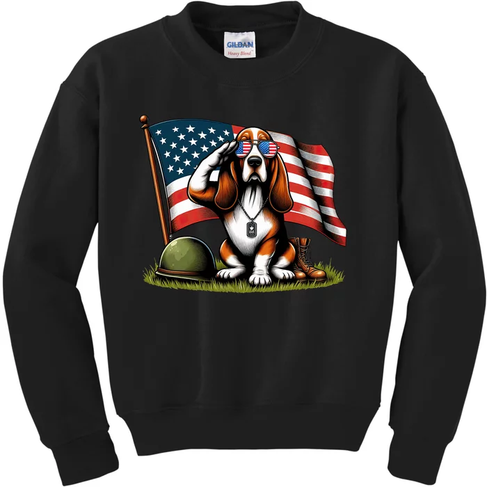 Salute Basset Hound Usa Flag Memorial Day 4th Of July Kids Sweatshirt