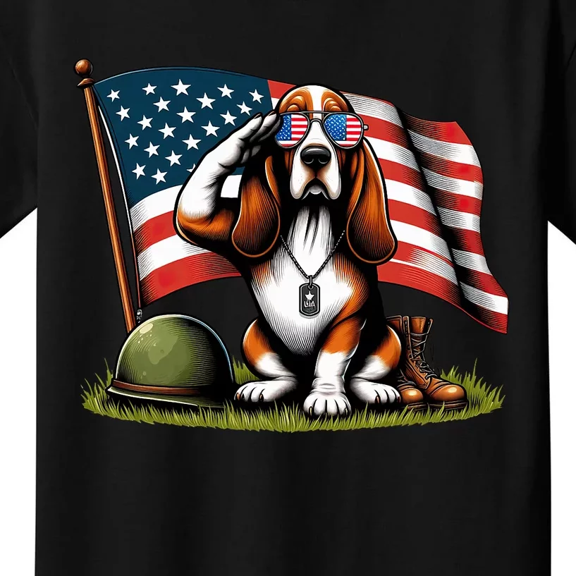 Salute Basset Hound Usa Flag Memorial Day 4th Of July Kids T-Shirt