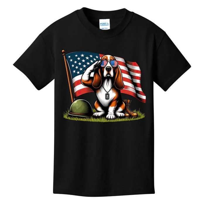 Salute Basset Hound Usa Flag Memorial Day 4th Of July Kids T-Shirt