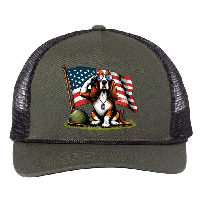 Salute Basset Hound Usa Flag Memorial Day 4th Of July Retro Rope Trucker Hat Cap