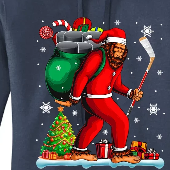 Santa Bigfoot Holding Hockey Equipt Xmas Player Lover Gift Women's Pullover Hoodie