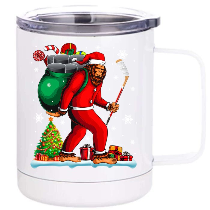 Santa Bigfoot Holding Hockey Equipt Xmas Player Lover Gift Front & Back 12oz Stainless Steel Tumbler Cup