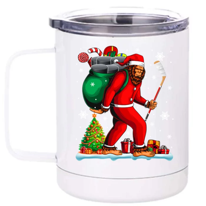 Santa Bigfoot Holding Hockey Equipt Xmas Player Lover Gift Front & Back 12oz Stainless Steel Tumbler Cup