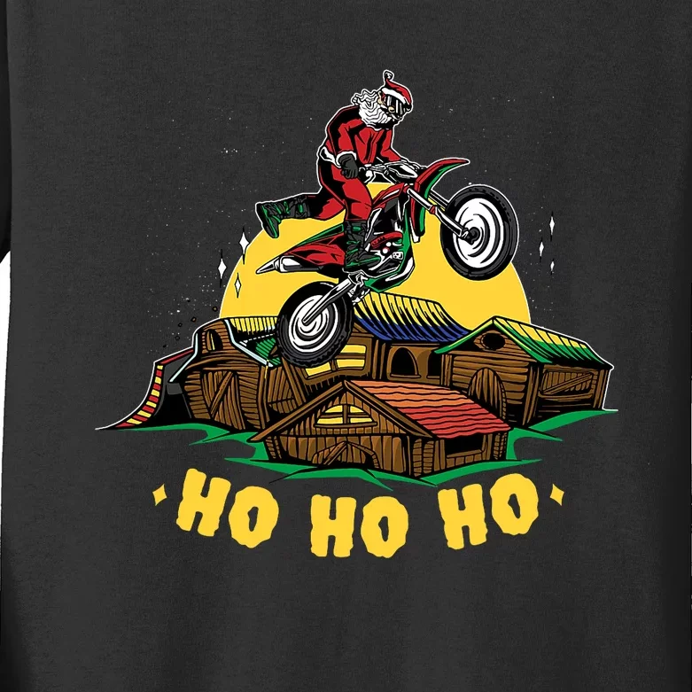 Santa Biker Ho Ho Ho Christmas Pajama Motorcycle Dirt Bike Kids Long Sleeve Shirt