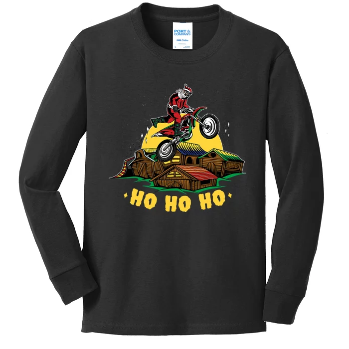 Santa Biker Ho Ho Ho Christmas Pajama Motorcycle Dirt Bike Kids Long Sleeve Shirt