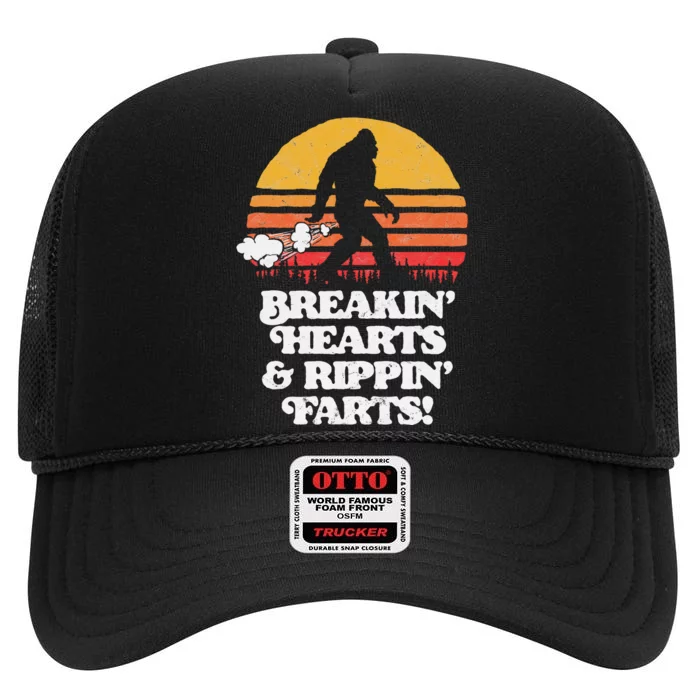 Sasquatch Breakin Hearts & Rippin Farts! Funny Bigfoot Sun High Crown Mesh Trucker Hat