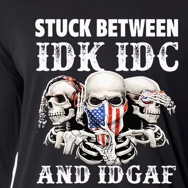 Stuck Between Idk Idc And Idgaf Funny Skull Lover Cooling Performance Long Sleeve Crew