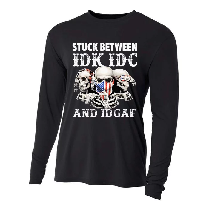 Stuck Between Idk Idc And Idgaf Funny Skull Lover Cooling Performance Long Sleeve Crew