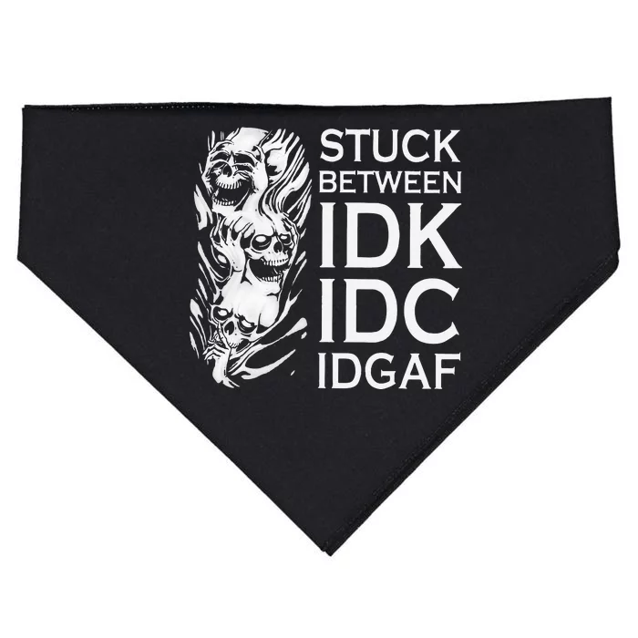 Stuck Between IDK IDC IDGAF Skull USA-Made Doggie Bandana