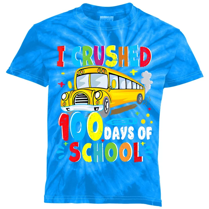 School Bus I Crushed 100 Day Of School Gift Kids Tie-Dye T-Shirt