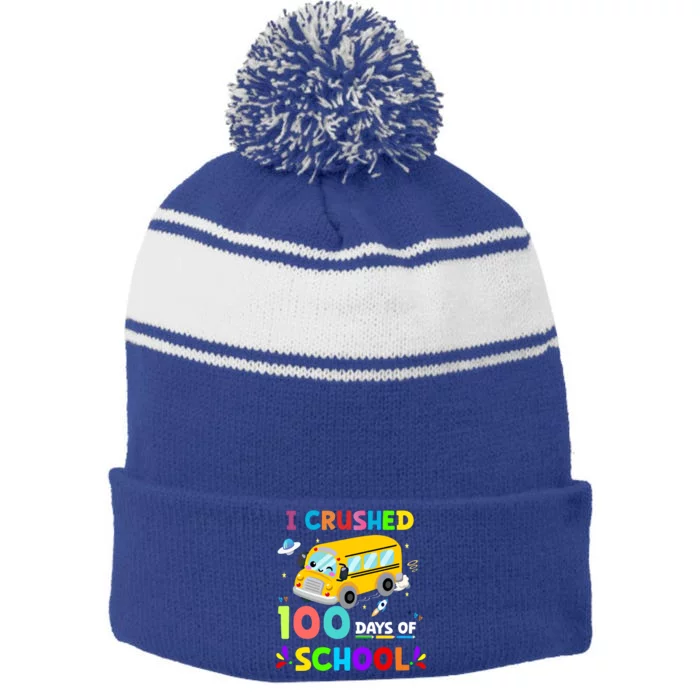 School Bus I Crushed 100 Day Of School Meaningful Gift Stripe Pom Pom Beanie