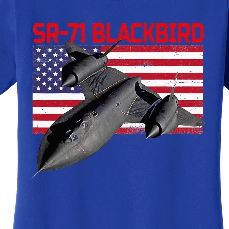 Sr71 Blackbird In Action And Patriotic American Flag. Women's T-Shirt