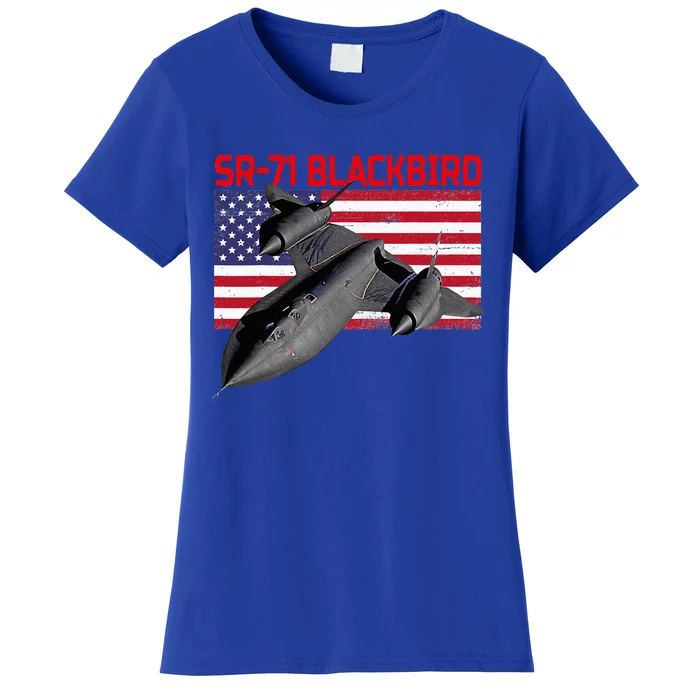 Sr71 Blackbird In Action And Patriotic American Flag. Women's T-Shirt