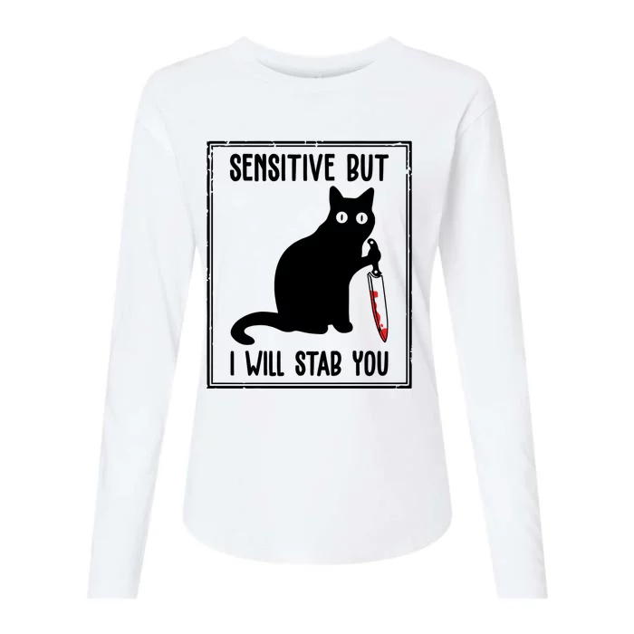 Sensitive But I Will Stab You Funny Cat Meaningful Gift Womens Cotton Relaxed Long Sleeve T-Shirt