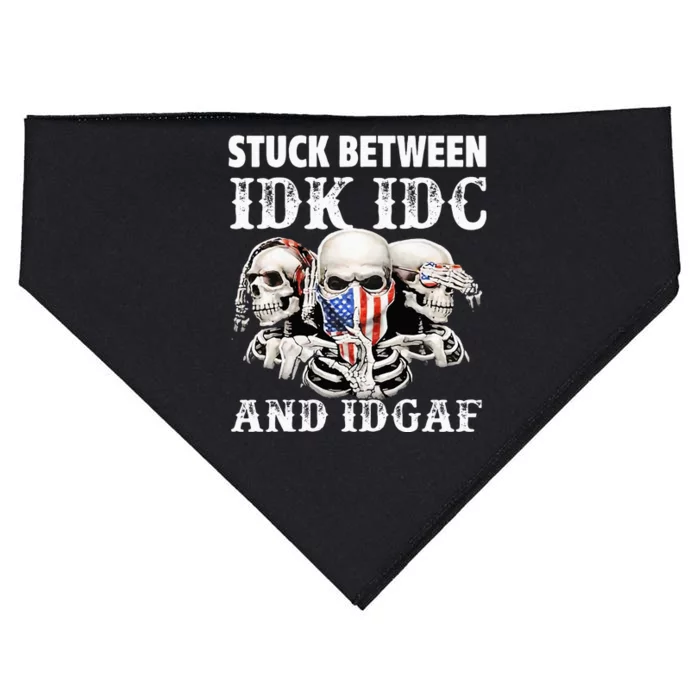 Stuck Between Idk Idc And Idgaf Funny Skull Lover USA-Made Doggie Bandana